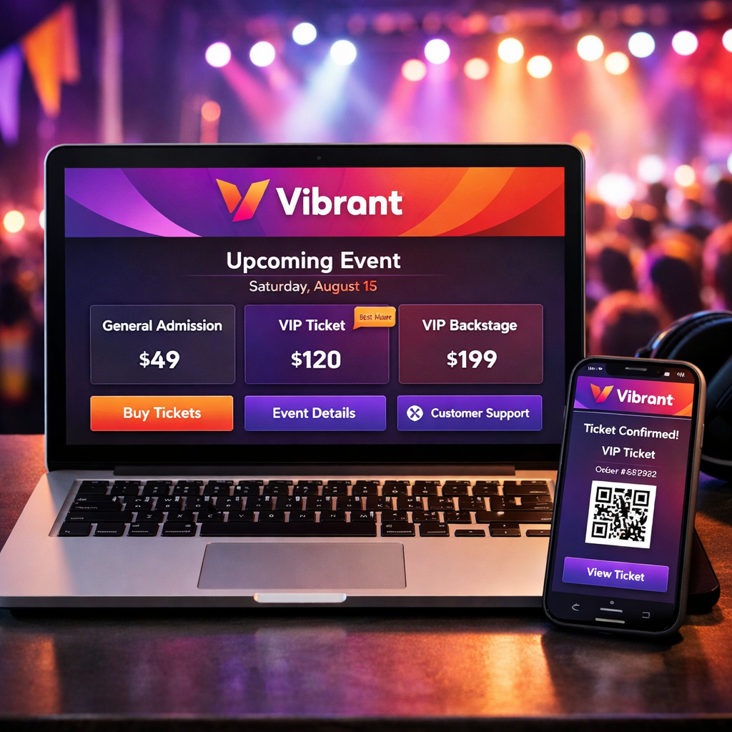 The image features a sleek modern event ticketing interface displayed on a laptop screen The design is dominated by a vibrant color palette that align-1