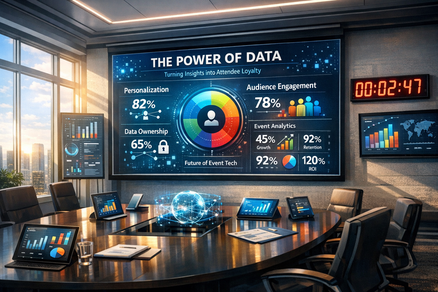 Event organizer tracking key event metrics including attendee lifetime value, engagement rate, and revenue per attendee